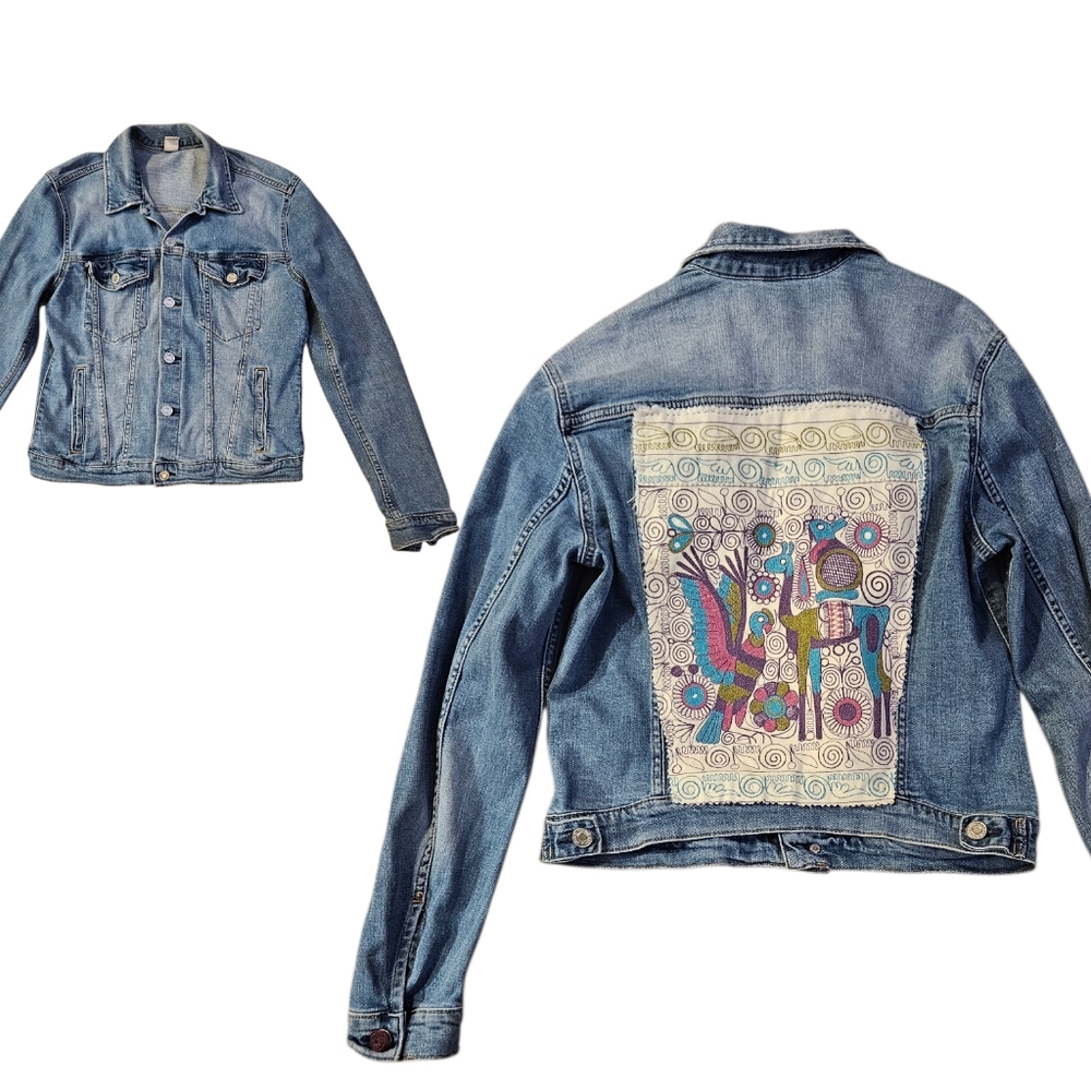 Upcycle Denim Jacket with Colorful Back Embroidered Panel Llama Sz 10